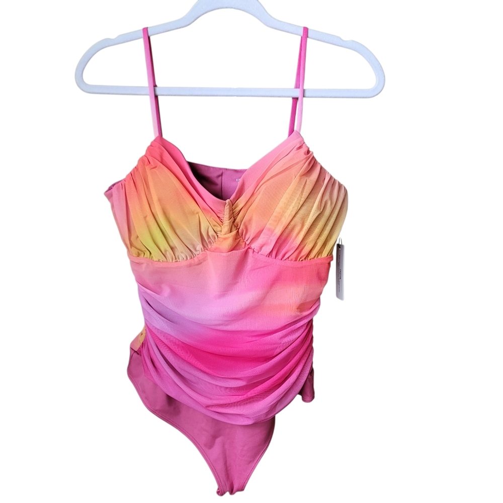 $64 Express Body Contour Ruched Ombre Mesh V-Neck Bodysuit Coquette Fairy Barbie - Picture 16 of 16